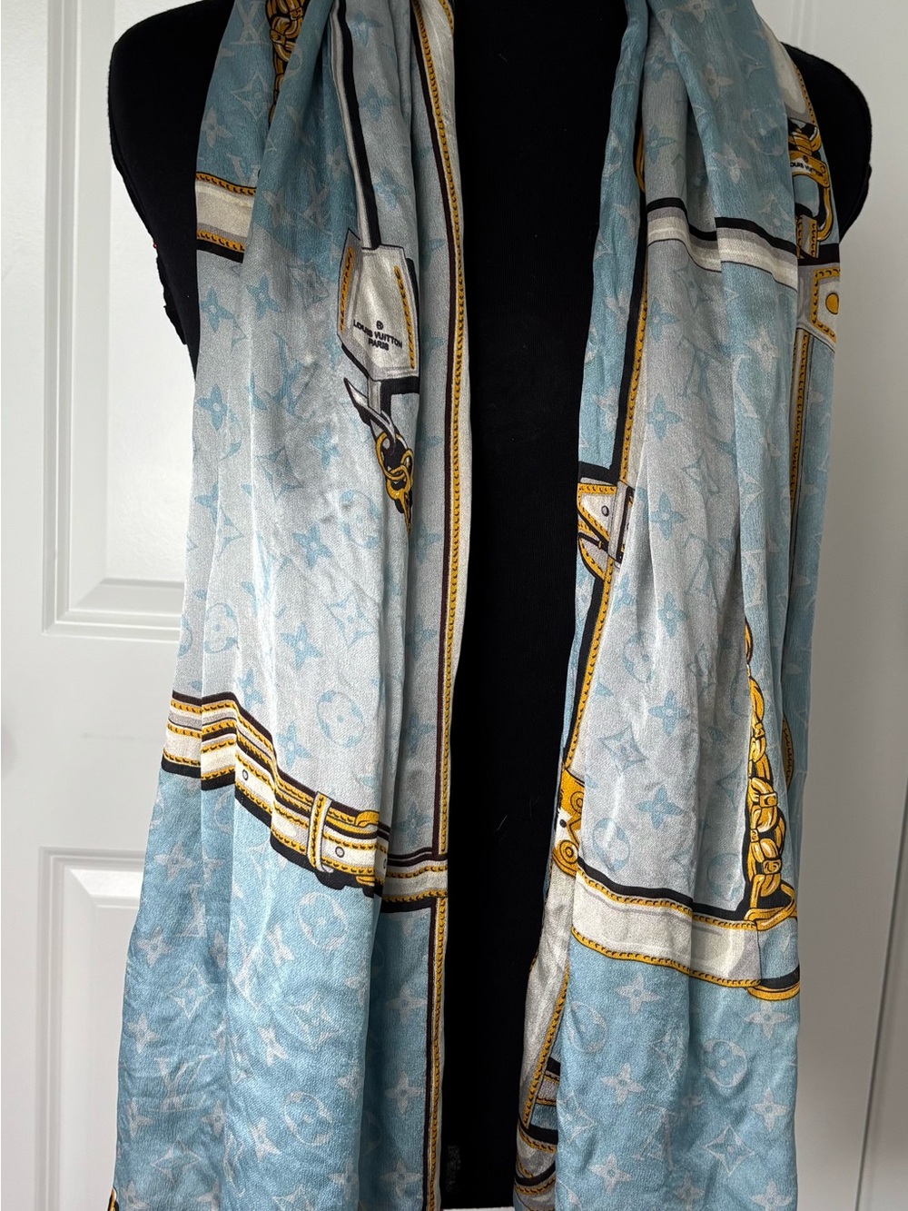 Louis Vuitton Light Blue and Gold Monogram Silk Scarf